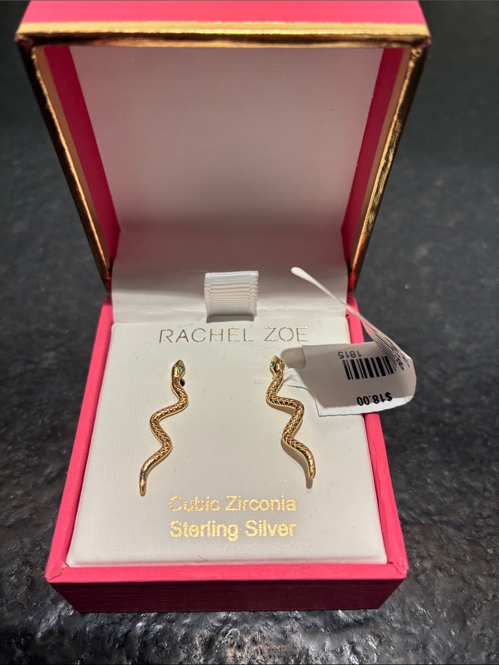 Rachel Zoe Gold Snake Stud Earrings with Green Stone Eyes